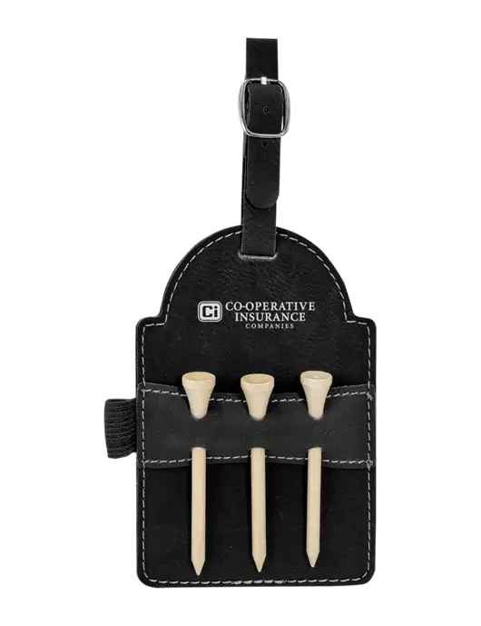 Black Leatherette Golf Bag Tag with 3 Wooden Tees w/CI Icon Logo