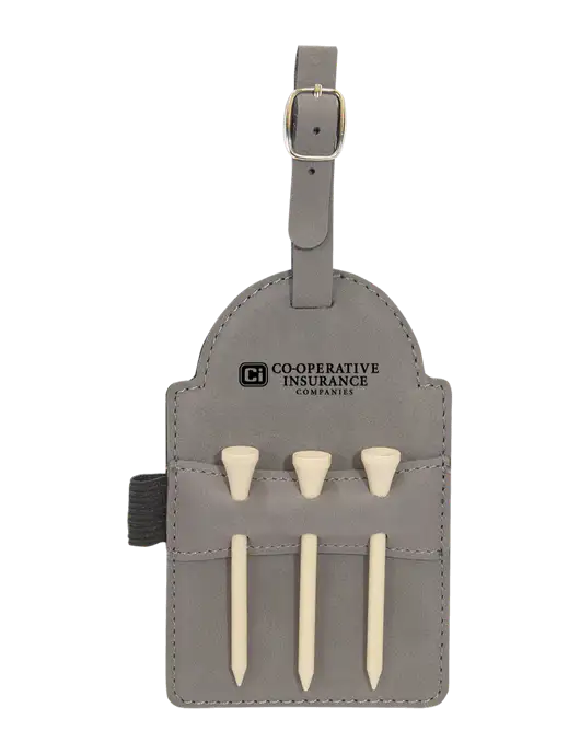 Grey Leatherette Golf Bag Tag with 3 Wooden Tees w/CI Icon Logo