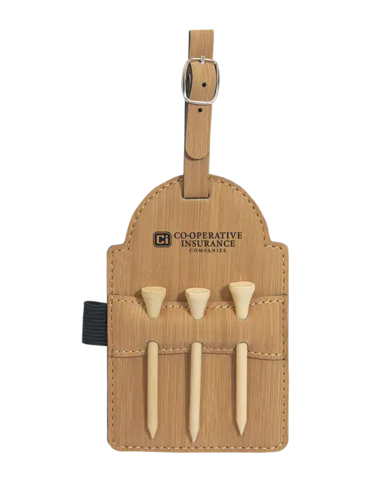 Bamboo Leatherette Golf Bag Tag with 3 Wooden Tees w/CI Icon Logo