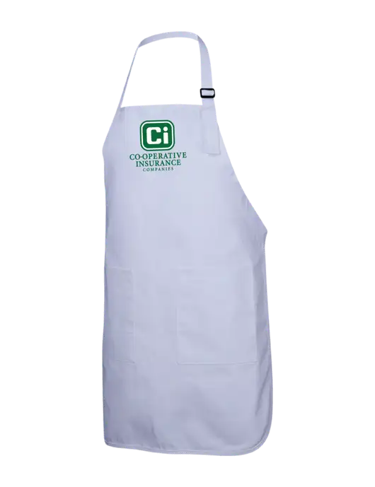 Full-Length White Apron With Pockets w/CI Icon Logo