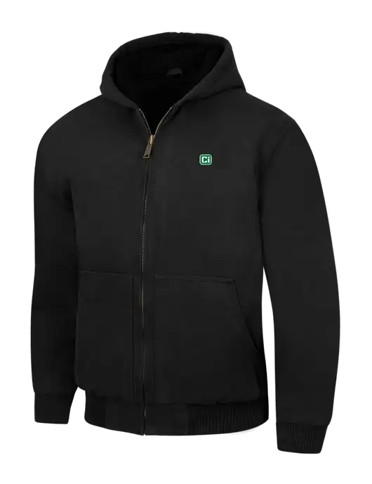 CornerStone Black Washed Duck Cloth Insulated Hooded Work Jacket w/CI Icon Logo